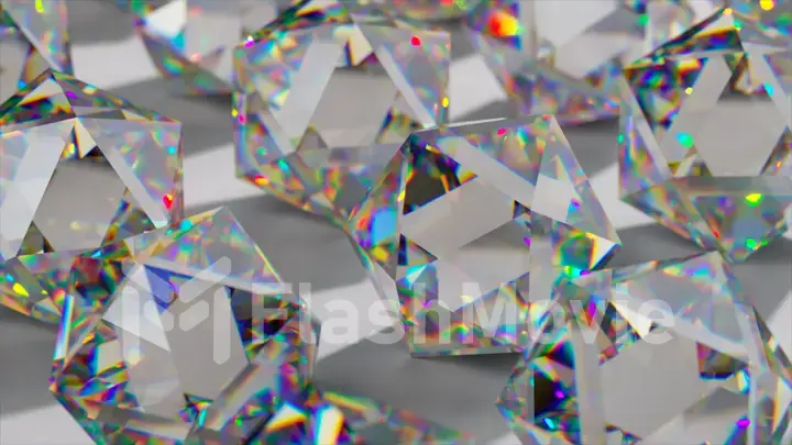 Many diamond rhombuses sparkle with iridescent light. Lighting change. Shadow. White surface.