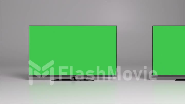 Green background. TV screens with chrome key. Infinite scroll left. Empty space to insert. 3d animation