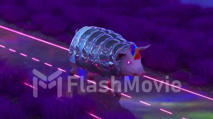 A pig with red-blue bangs and stylish clothes walks along the road. purple grass. Blue neon color. 3d animation
