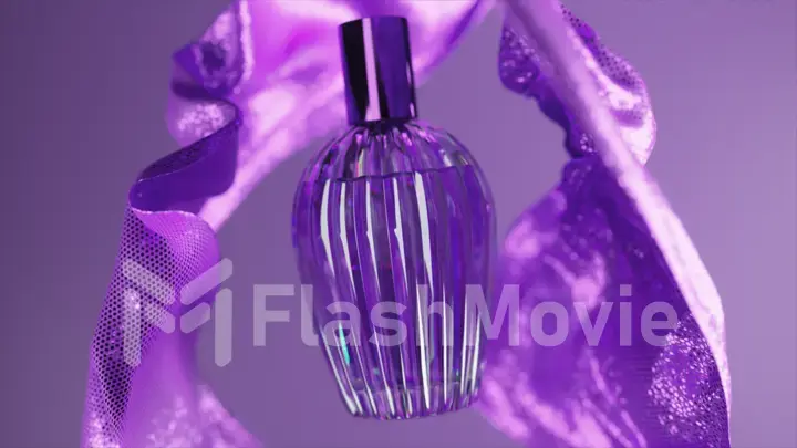 Advertising concept. Elegant perfume bottle on isolated purple background. The fabric flies on the sides of the bottle