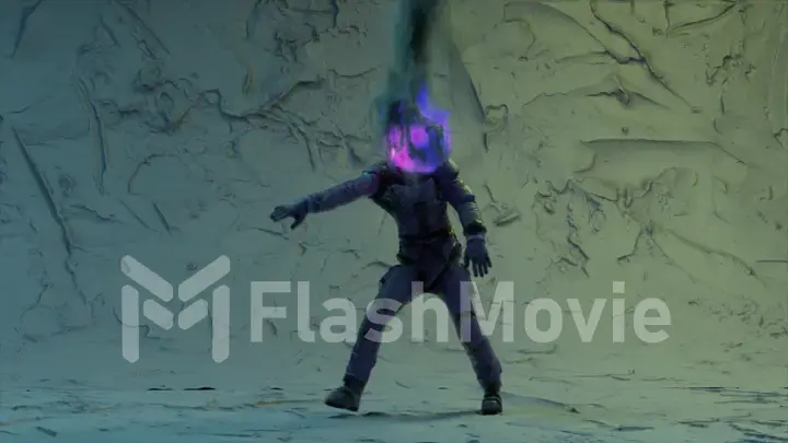 An astronaut with a burning head dances a modern dancing in front of blue illuminated lights. Abstract background.