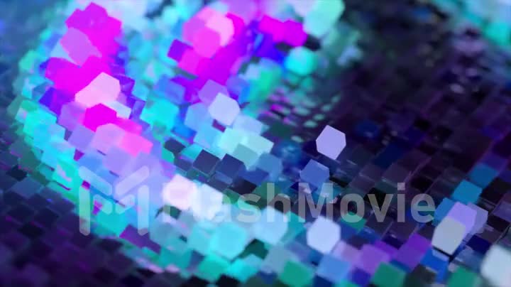 Abstract wave surface consisting of blocks moves in chaotic order. Blue pink color. 3d animation of seamless loop