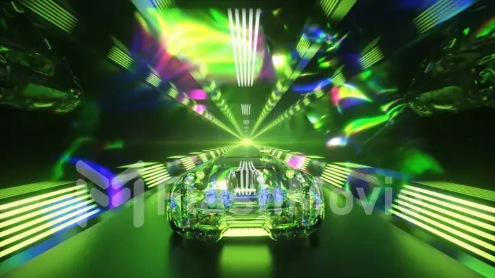 The diamond car is driving through the tunnel at high speed. Green neon light. 3d Illustration