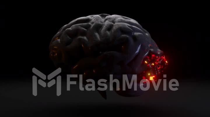 Futuristic concept. The glass brain is covered with thousands of connections and microcircuits. Red neon. 3d animation