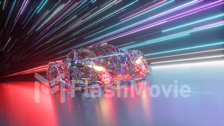 Futuristic concept. Diamond sports car on the background of glowing neon lines. Red neon laser. 3d Illustration