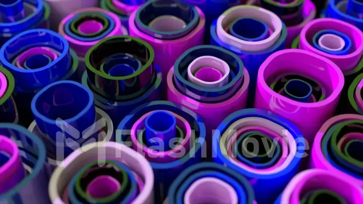 Multi-colored tubes of different heights are stacked in each other. Abstraction. Blue purple color. 3d illustration