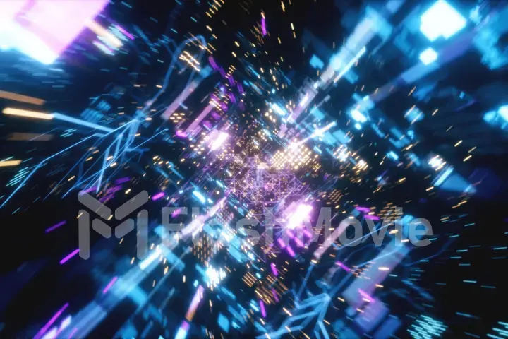 Flying in the chaotic technological futuristic space tunnel. Animation for music videos, nightclubs, audiovisual shows and performance, LED screens and projection cards. 3d illustration