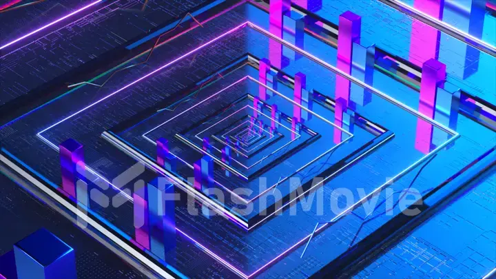 Data transfer concept. Neon blue smooth square panels. Pink blue rectangular objects. 3d illustration