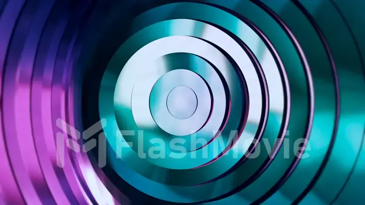 Abstract pattern of circles with the effect of displacement. Modern ultraviolet blue purple neon light. Clean rings animation. Abstract background for business presentation. 3d illustration