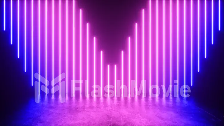 Futuristic scene with bright neon tubes descending into an iron metal floor with reflections and scratches. Multicolored spectrum. 3d illustration