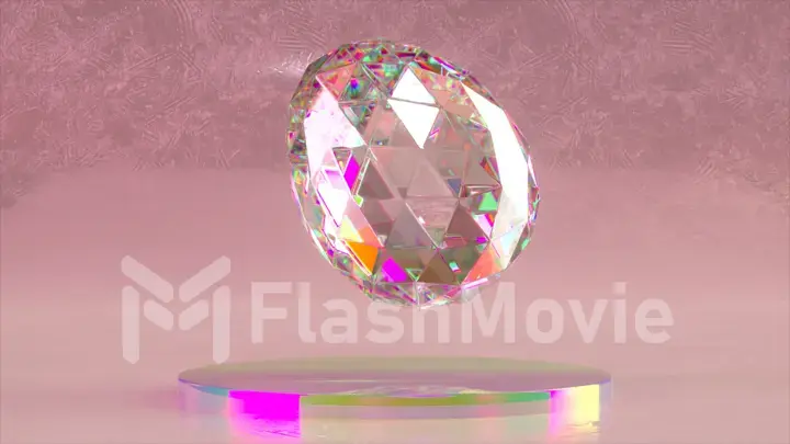 Abstract. pink background. A diamond egg floats in the air above a glass platform. Large gem in the shape of an egg.