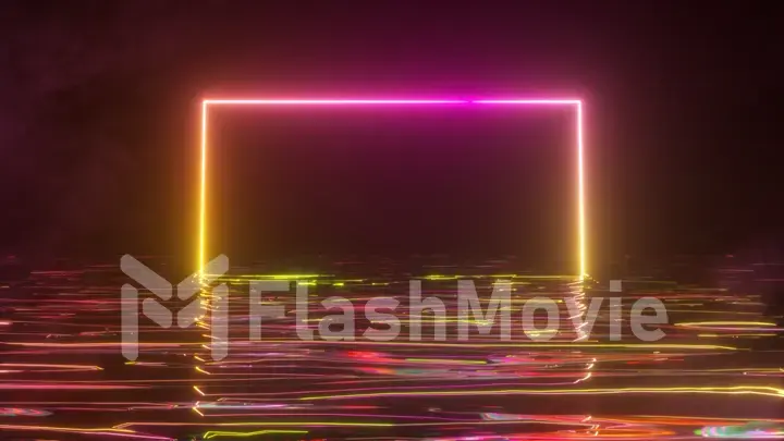 A bright neon frame shimmers with a neon spectrum of light in the water. Smoky background. 3d illustration