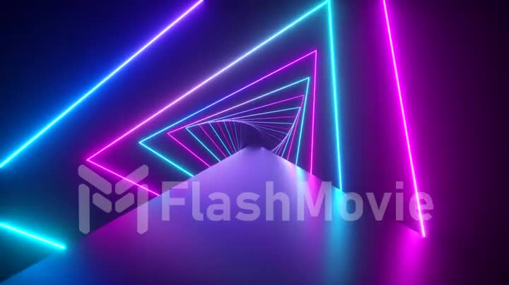 Flying through glowing rotating neon triangles