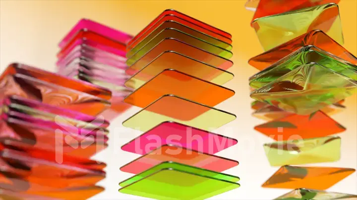 Abstract colored square flat objects are collected in stacks. Pink, orange, green color. 3d illustration