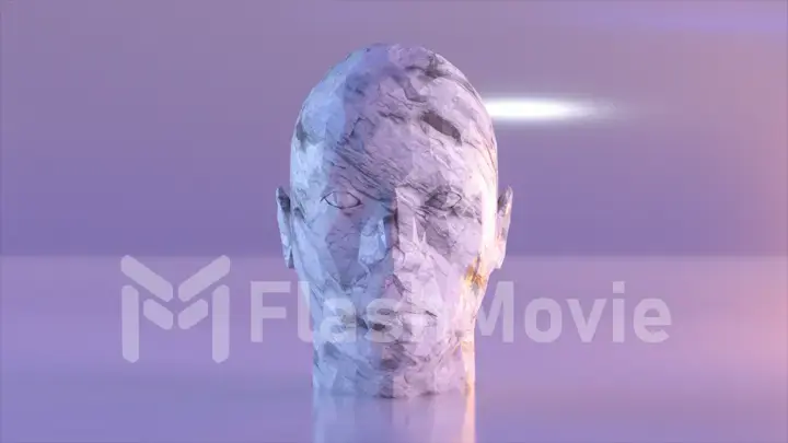 Abstract concept. The white marble stone turns into a sculpture with a human face. Lilac background