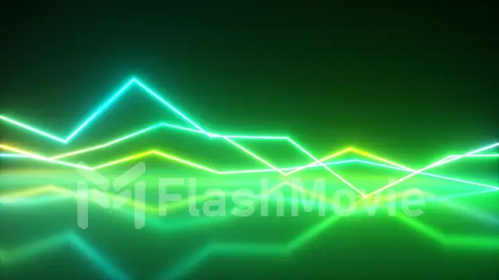 Bright colorful glowing neon lines. Abstract musical equalizer background, graph, diagram, drawing, curve, chart. Modern ultraviolet blue green color cpectrum. 3d illustration