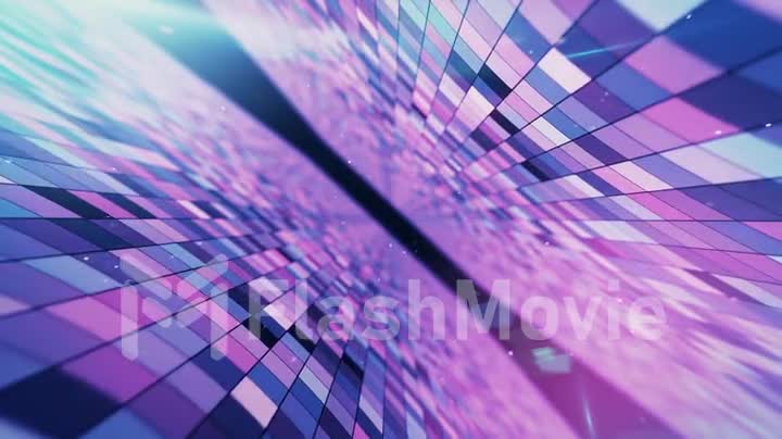 Flying in an abstract space with glowing flashing squares, blue red pink violet spectrum, fluorescent ultraviolet light, modern colorful lighting, 4k seamless loop cg animation