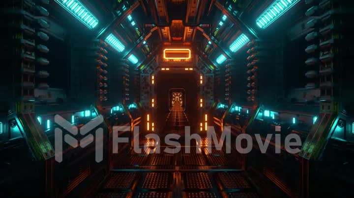 Flying in a spaceship tunnel, a sci-fi shuttle corridor. Futuristic abstract technology. Technology and future concept. Flashing light. 3d Animation of seamless loop.