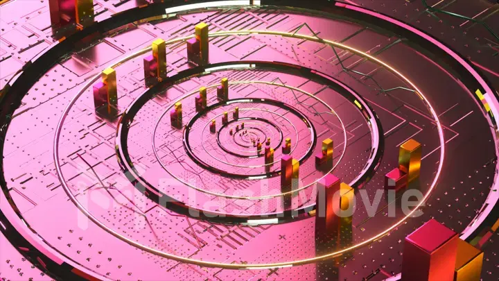 Data transfer concept. Shiny circles on a pink abstract surface. Microchip. Data transfer Rectangles. 3d illustration