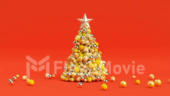 A tree of Christmas balls is growing dynamically on a bright colorful red background. 3d illustration