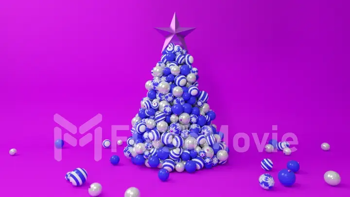 A tree of Christmas balls is growing dynamically on a bright colorful purple background. 3d illustration