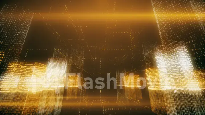 3d illustration abstract flight in a virtual digital city in a binary code space