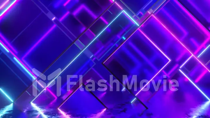 Movement of glass neon blocks. Modern ultraviolet lighting. Blue purple light spectrum. 3d illustration