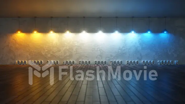 Background with incandescent lamps of different temperature values. Between 1,000 and 10,000 kelvin. The whole spectrum of light from warm to cold. 3d illustration
