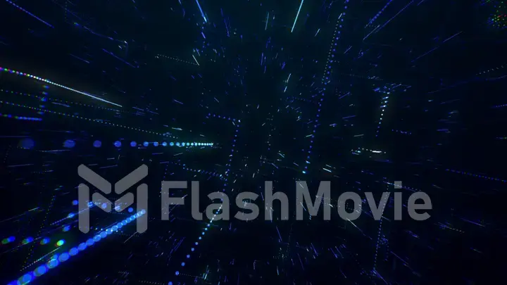 The surface of technology with lines of chaos and grid is an abstract computer image with chromatic aberrations. Digital art: a dark technical, sci-fi or sci-fi background. 3d illustration