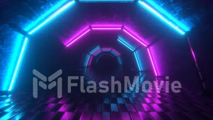 Flight through hexagonal corridor, glowing tunnel, pink blue neon light, abstract background, 80's retro style, pop music stage, fashion podium. 3d illustration