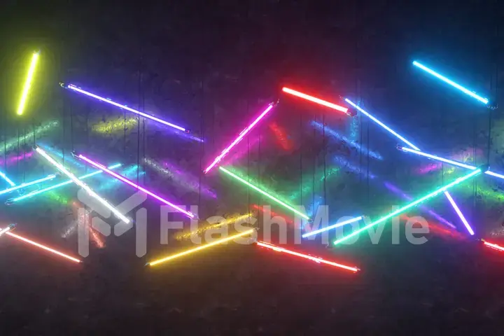 Multicolored neon fluorescent lights suspended from ropes. Modern lighting. 3d illustration