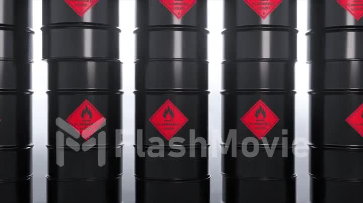 Black barrels with oil and combustibles. Flammable toxic waste. Pollution. 3d animation of seamless loop
