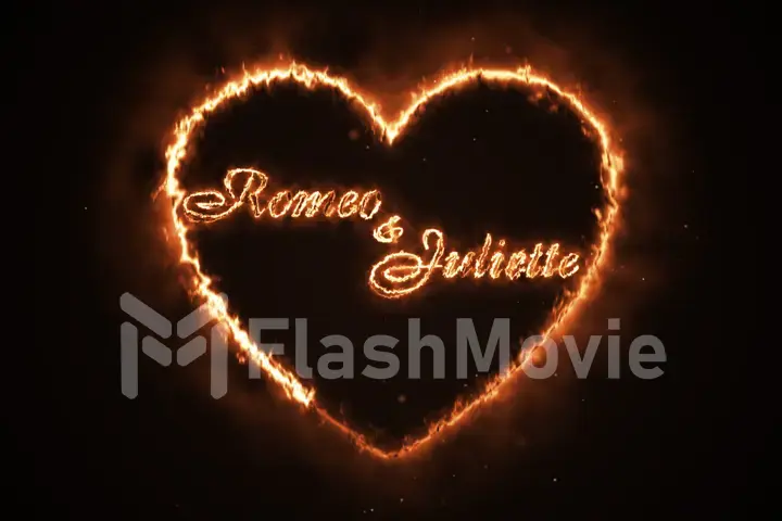 A burning heart with the text Romeo and Juliette 3d illustration