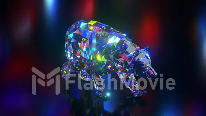 Collection of diamond animals. Walking bear. Nature and animals concept. 3d animation of a seamless loop. Low poly