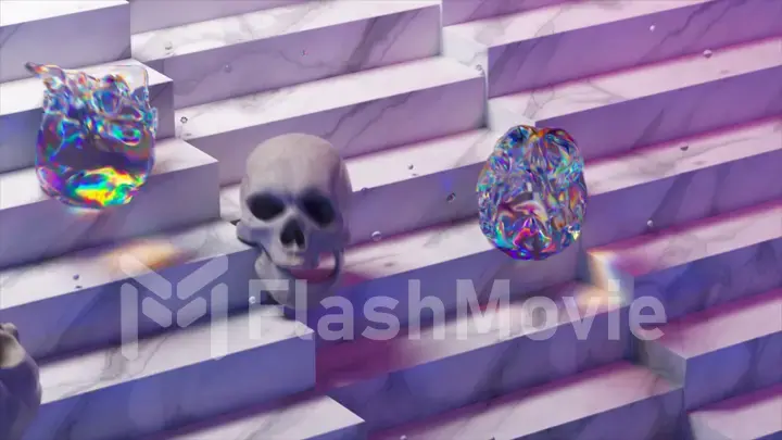 Soft diamond and bone skulls roll down the stairs. Purple neon color. Rainbow. Transparent. Marble stairs.