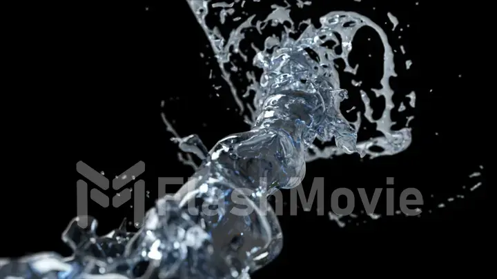 Spinning vortex torado of water splash of liquid on an isolated black background with reflections and spinning stream, the surface of the liquid from the crystalline nature of water. 3d illustration