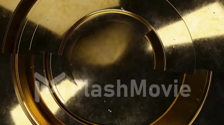 Golden modern business video background. 3D texture animation with rotating parts of a circle. Spiral scratched surface concept. 3D rendering of a seamless loop