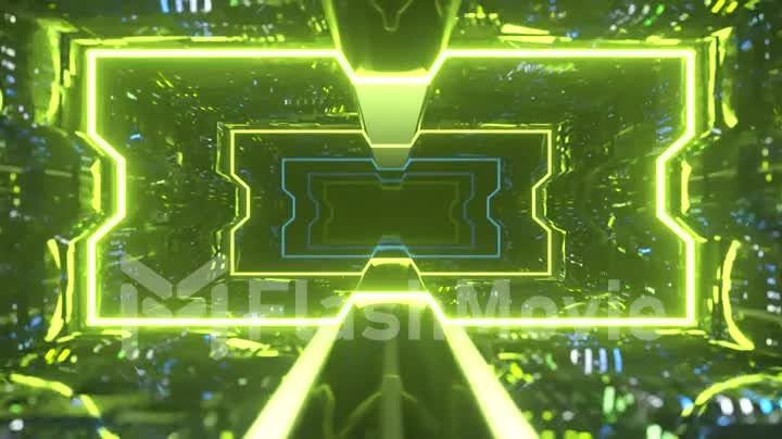 Futuristic animation of flying through a green tunnel with neon lights. 3d animation of seamless loop