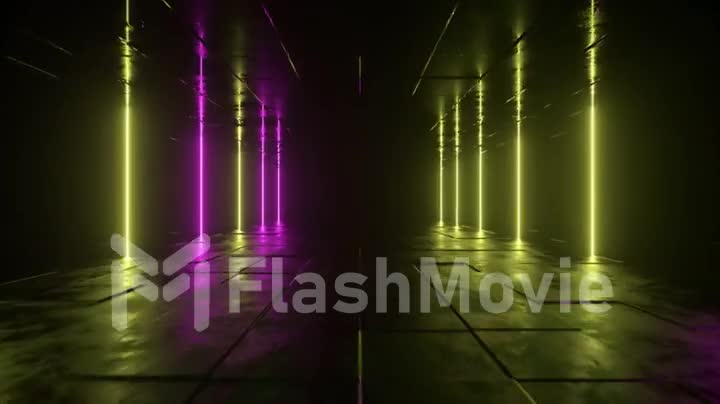 Futuristic sci fi bacgkround. Pink yellow neon lights glowing in a room with concrete floor with reflections of empty space. Alien, Spaceship, Future, Arch. Progress. 3D animation of seamless loop.
