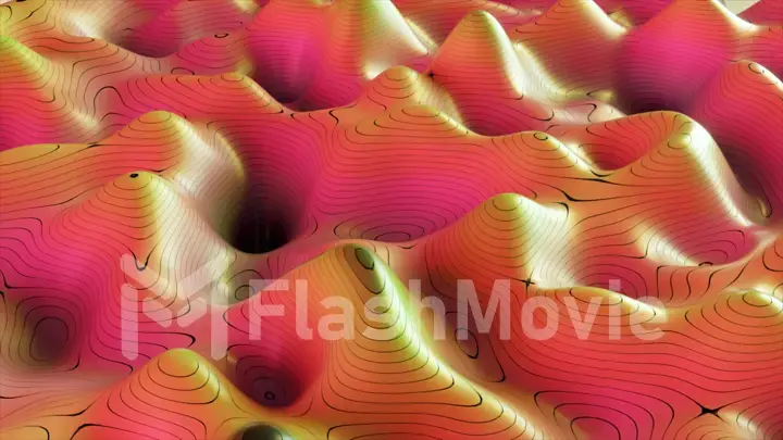 Abstract background of topographic map concept. Contour map stripes. Valleys and mountains. Geography concept. Wavy backdrop. Magic neon light curved swirl line. 3D illustration