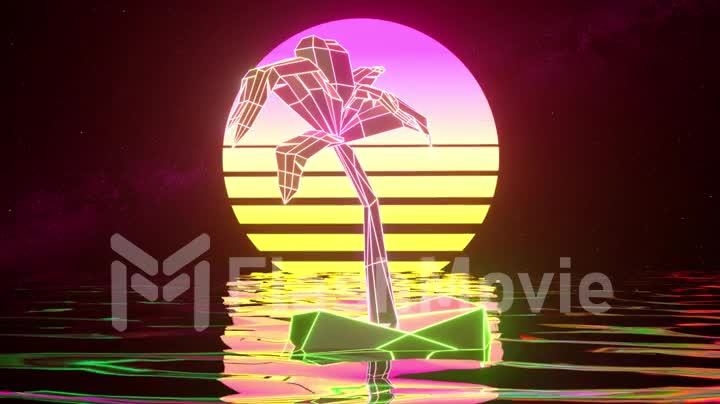 Neon palm tree on a retro background. Water surface. Yellow pink color. 3d animation of seamless loop