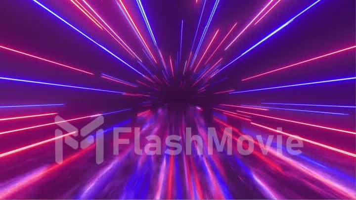 Flying in space with luminous neon lines. Hyperspace. Modern ultraviolet spectrum of light. Blue purple color. Seamless loop 3d render