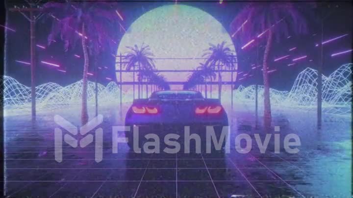80s retro background 3d animation with VHS effect. Futuristic car drive through neon abstract space. Retrowave seamles loop 3d render.