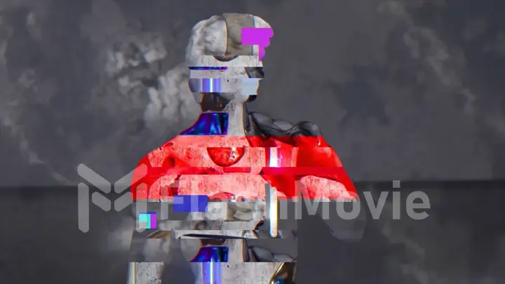 Abstract concept. Flashes of neon color on the marble sculpture of David. Red gray blue color. Glitch. 3d illustration