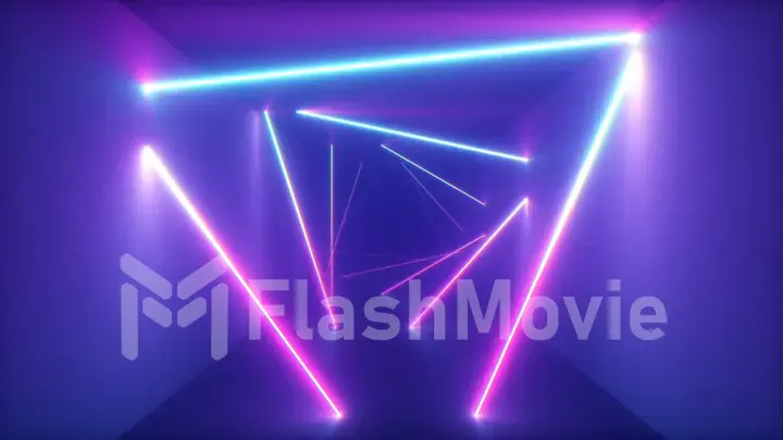 Abstract flying in futuristic corridor with triangles background, fluorescent ultraviolet light, colorful laser neon lines, geometric endless tunnel, blue pink spectrum, 3d illustration