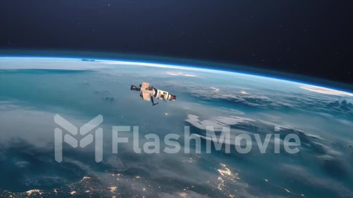 A view of the Earth and a spaceship. International space station is orbiting the Earth. Satellite in open Space.