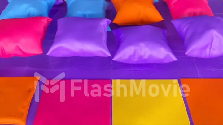 Close-up. Purple, yellow, orange, blue pillows inflate. Pillows float above the floor. 3d illustration