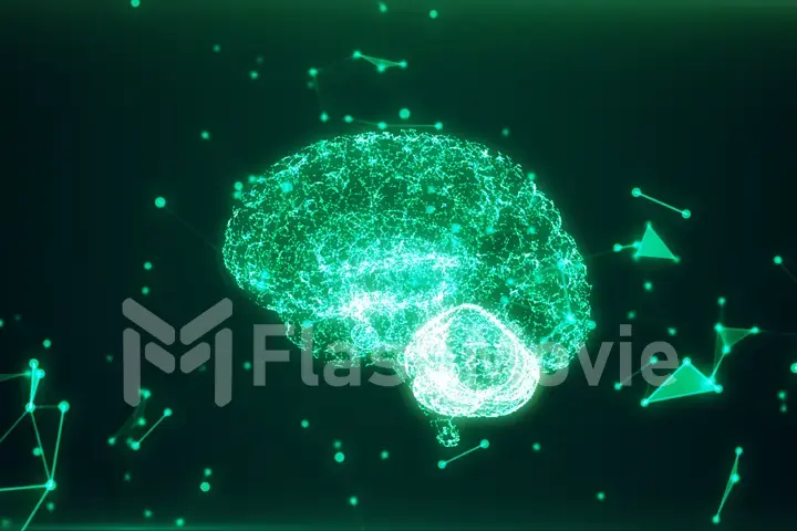 Human brain being formed by revolving particles. Plexus structure evolving around. Green abstract futuristic science and technology motion background. 3D illustration