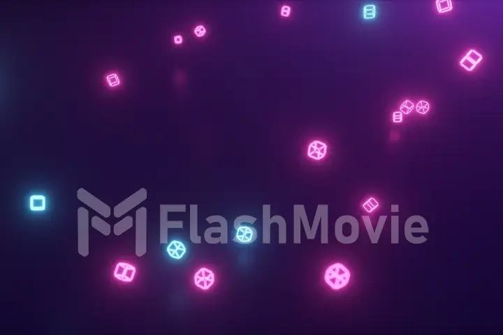 Abstract neon 3d illustration of geometric shapes. Falling cubes. Modern colorful laser lighting background, motion design