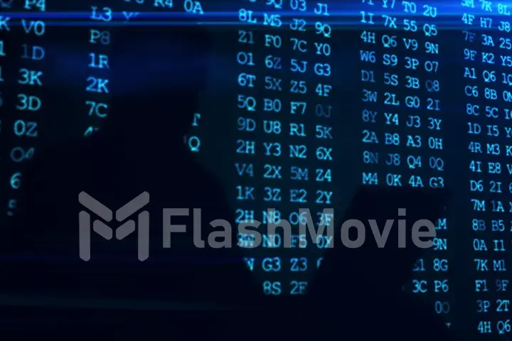 Computer hacker silhouette of hooded man with binary data and network security terms 3d illustration